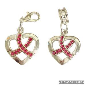 Pink Ribbon European Slider Clip On Charm For Bracelet Bag Purse Crystal Heart